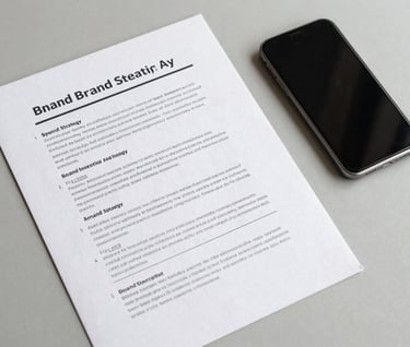 A top-down view of a brand strategy document and a smartphone on a light grey surface, professional North American / US business setting, clean lines and professional atmosphere.