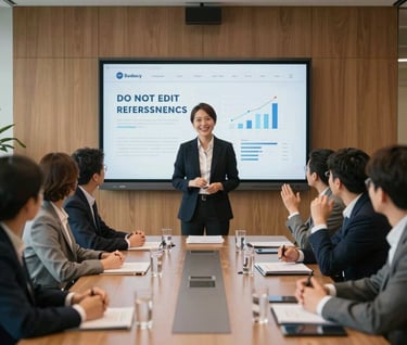 A professional wide-angle shot of a corporate boardroom where a team is reacting positively to a presentation on a screen. The lighting is warm and natural, emphasizing a successful project outcome.
