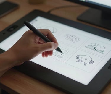 A close-up shot of a professional digital workspace. A hand is seen using a stylus on a drawing tablet, sketching out storyboards for an instructional video. The lighting is soft and focused, reflecting a sense of craftsmanship and attention to detail.