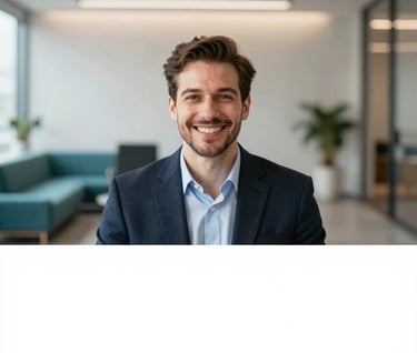 A portrait of a satisfied corporate client during a video interview, filmed with a shallow depth of field. The background is a clean, modern office with teal furniture and soft sand lighting. Professional and high-end aesthetic.