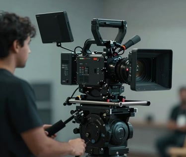 A professional cinema camera on a slider, capturing a scene with shallow depth of field. The lighting is soft and cinematic, with a palette of charcoal and muted teal blue, evoking professional storytelling expertise.