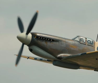 Profile view of the Spitfire wing against a muted #5D6D7E sky. Focus on the rivets and matte paint finish. Cinematic and timeless aesthetic.