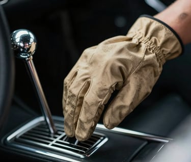 A detailed shot of a hand in a tan driving glove resting on the gated shifter of a 1960s sports car. The lighting is dramatic and focused, emphasizing the chrome and the craftsmanship of the interior.