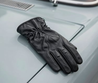 A classic leather driving glove resting gracefully on the polished, curved hood of a vintage automobile. Sophisticated and timeless aesthetic. Incorporates #1C2833 and #5D6D7E tones.