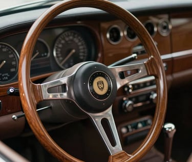 Interior detail of a classic luxury car, focusing on the wooden steering wheel and leather dashboard. Soft natural light illuminates the textures. Rich #1C2833 and #B2BEB5 tones. Elegant and timeless atmosphere.