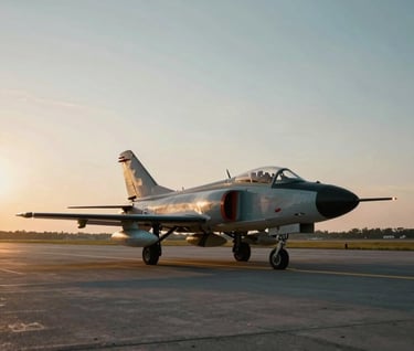 A wide-angle shot of a vintage fighter jet parked on a runway during the golden hour. The sky is a gradient of #5D6D7E and soft light. The aircraft’s silhouette is sharp and powerful.