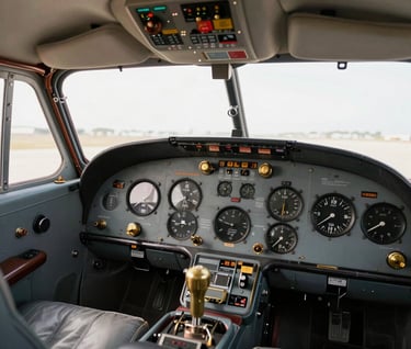 The interior cockpit of a 1940s luxury aircraft. The scene is illuminated with soft, natural light, highlighting the analog dials and brass switches against the muted #5D6D7E leather dashboard.