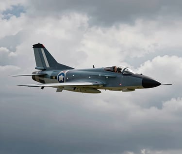 A dynamic air-to-air photograph of a heritage fighter plane soaring through a dramatic cloudy sky. Emphasizes unique beauty and passion. Incorporates #5D6D7E and #F8F8F8 tones.