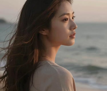 Emotional portrait of a young woman looking out at the ocean, hair blowing in the wind, soft lighting, intimate and story-driven, capturing real emotion, warm earthy tones of #8F6E5F.