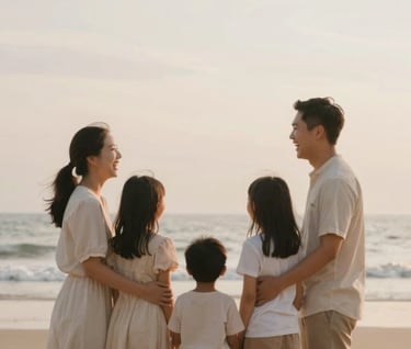 A joyful, minimalist photo of a family laughing together on a quiet Sanur beach. The lighting is soft and warm, capturing genuine laughter. The colors are dominated by soft sandy beiges (#D4C7BB) and muted earthy tones (#8F6E5F).