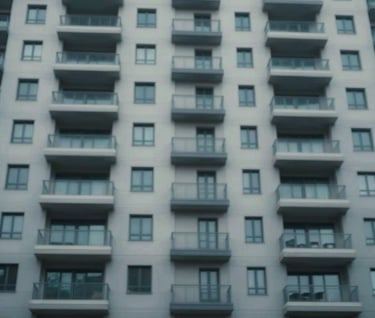 A low-angle shot of an apartment complex facade, creating a repetitive pattern of balconies and windows. The lighting is cinematic with a focus on form. Incorporates brand colors #D0D5DB and #0A0A0C.