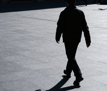 Street photography of a person's silhouette walking through a sunlit urban plaza, high contrast, clean steel blue grey shadows, International / Western.