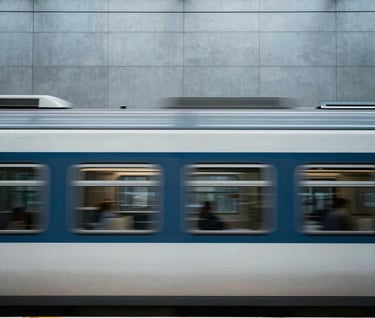 Street photography capturing the motion blur of a passing train against a clean, modern station wall, steel blue grey tones, International / Western.