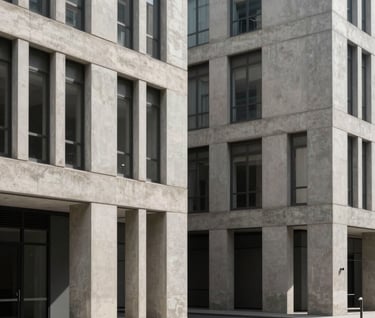 Urban street photography showcasing modern concrete architecture in a Western city, focusing on sharp geometric lines and shadows, muted grey and off-white tones, clean and sophisticated aesthetic.