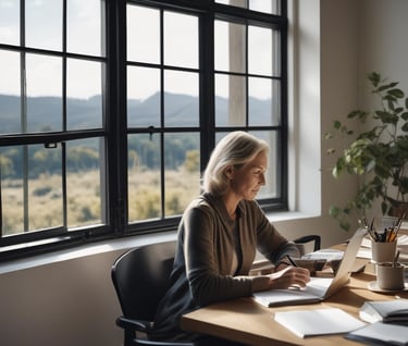 A serene woman in her 50s smiling gently while writing in a journal by a sunny window.