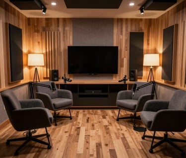 A wide-angle photography shot of a cozy, modern podcasting studio in a North American / US home. Wood-paneled walls, comfortable charcoal-colored chairs, and warm ambient lighting from a designer floor lamp create an inviting, intellectual mood.