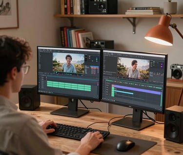An over-the-shoulder shot of a person editing video on a dual-monitor setup in a stylish North American / US office. The room is filled with books and media equipment, lit by the warm glow of desk lamps. Palette features terracotta accents.
