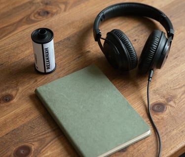 A top-down aesthetic shot of a filmmaker's workspace in North America. A pair of studio headphones, a film canister, and a sage green notepad are neatly arranged on a rustic wooden table under warm, cozy lighting.