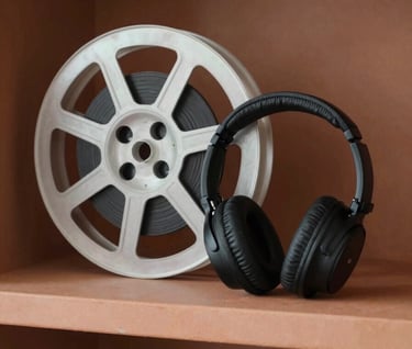 A minimalist still life photograph of a vintage film reel and a pair of modern headphones resting on a terracotta-colored shelf. Soft side-lighting creates a cozy, curated vibe.