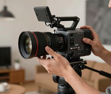 A close-up shot of a filmmaker's hands adjusting a professional cinema camera lens on a tripod. The setting is a modern North American interior with a warm, cozy atmosphere and charcoal accents.