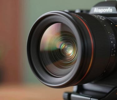 A cinematic close-up shot of a high-end camera lens capturing light flares in a dim studio. The atmosphere is professional and sophisticated, with hints of terracotta and sage green in the soft-focus background. North American / US production set.