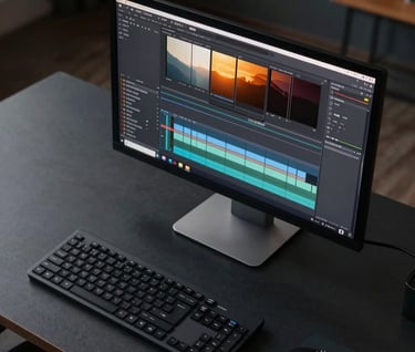 A top-down view of a modern editing suite in a North American setting. A sleek monitor displays film editing software with a warm, inviting glow against a dark charcoal desk.