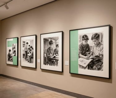A high-quality gallery photograph of a completed student artwork featuring charcoal and sage green accents, displayed on a clean tan wall under professional gallery lighting in a North American school.