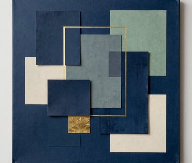 A sophisticated mixed-media collage using recycled textiles and midnight blue paper on a large canvas. The composition is clean and modern, reflecting a North American artistic style, with subtle gold accents and sage green highlights.