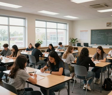 A wide-angle photograph of a bright, modern North American art classroom with large windows, students collaborating in small groups at tan desks, a clean and professional educational environment.