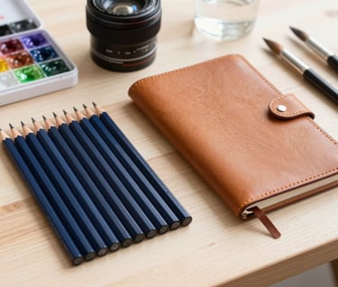 A professional flat-lay of artist tools including navy blue drawing pencils, a tan leather-bound sketchbook, and clean watercolor brushes arranged on a light wooden table, bright and professional North American studio setting.