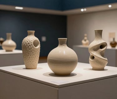 A series of elegant ceramic sculptures displayed on a sand-colored pedestal. The lighting is soft and professional, emphasizing the textures and organic shapes. The setting is a modern North American / US school gallery with dark slate blue accents in the background.