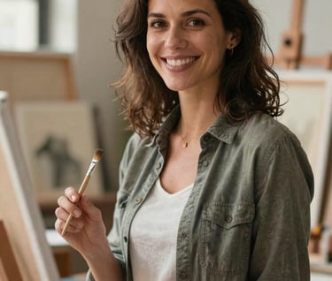 A warm, professional portrait of a smiling art teacher in her studio in the US, holding a paintbrush, with blurred canvases and warm natural lighting in the background.