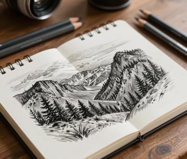 A close-up of a professional artist's sketchbook containing detailed graphite drawings of North American landscapes, lying on a wooden desk next to charcoal pencils.