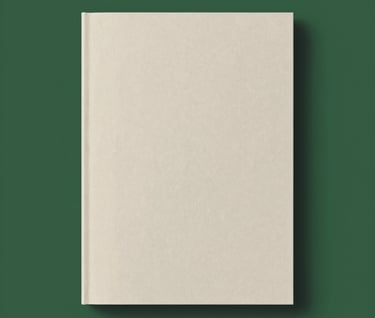 An artistic shot of a limited edition publication standing upright against a dark green #293B37 background. The cover is a light #AEC5BE. The lighting highlights the elegant texture of the material.