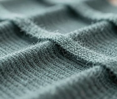 An abstract, close-up composition of sustainable weaving materials in a palette of #293B37 and #5B7B71, highlighting the studio's focus on sustainable cultural production.
