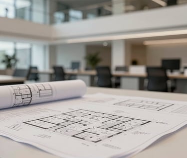 A sophisticated view of a modern institution's interior being planned, with architectural blueprints in shades of #293B37 and #AEC5BE spread across a clean workspace. Refined, intellectual mood.