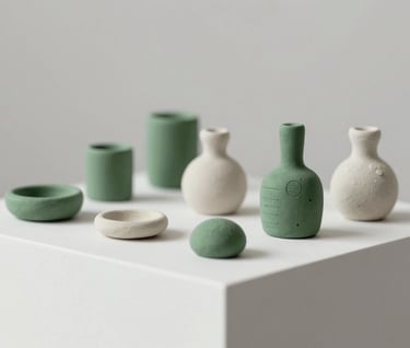 A series of small, collectible research-driven objects made from recycled clay, displayed on a clean white plinth. Sophisticated studio lighting with gentle shadows. Colors include #5B7B71 and #F1F4F2.
