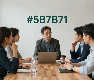 An intellectual gathering in a refined, minimalist space, showing experts in conversation around a wooden table. Subtle branding colors #5B7B71 integrated into the room's decor.