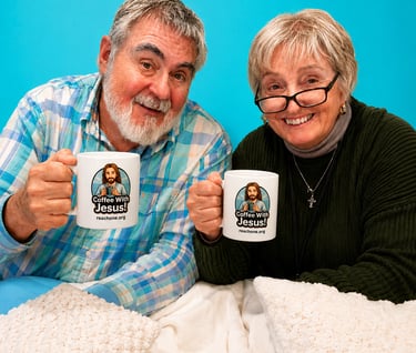 Opa and E.B share coffee, tea, and hot chocolate with their “Share Jesus” merchandise.