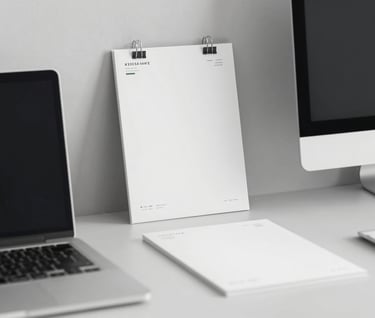 A minimalist studio shot of branded stationery and digital devices arranged neatly on a desk. The mood is calm and professional, incorporating the brand colors #3F5E5C and #F0F4F4 in the objects.