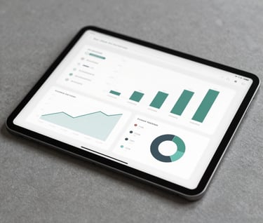 A professional shot of a tablet resting on a textured surface, showcasing a data visualization screen with clean graphs and charts. The colors are muted and sophisticated, focusing on #3F5E5C and #1C2826 to convey clarity and functional elegance.