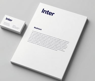 A top-down view of professional stationary including a business card and a letterhead. The design is minimalist, using the Inter font. Colors include a base of #F0F4F4 with deep #1C2826 typography.