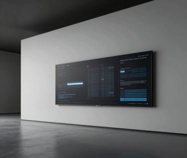 A wide, atmospheric shot of a modern architectural space with a digital display integrated into the wall. The style is minimalist and high-tech, using #1C2826 shadows and #F0F4F4 highlights to create depth.