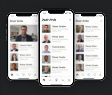A minimalist composite image showing three mobile screens in a row, illustrating a seamless user journey through a clean application interface. The style is understated and functional, with a focus on professional clarity and modern design.