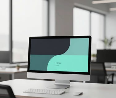 An wide-angle shot of a minimalist studio environment with large windows. A single monitor displays an abstract brand pattern using the colors #1C2826, #3F5E5C, and #A7C5C3. The atmosphere is calm, sophisticated, and highlights an engaging user experience.