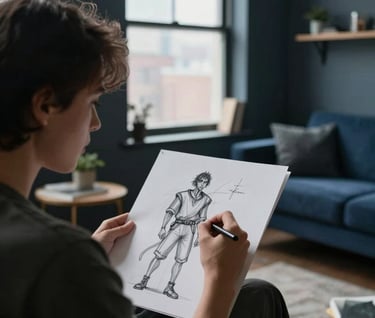 An over-the-shoulder photograph of an artist sketching a character concept in a North American / US urban loft. Natural silver mist light enters through a window, contrasting with the deep slate interior furniture.