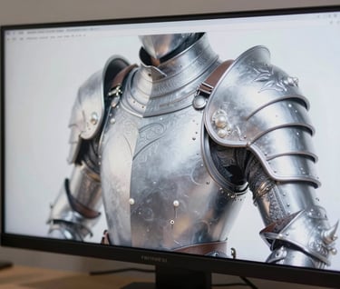A close-up of a high-resolution display in a sleek North American / US design studio, showing the intricate brushwork of a character's armor in silver mist and pearl white tones.