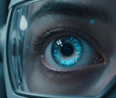 Abstract photography of a character's cybernetic eye glowing with a soft blue light, reflected in the glass of a North American / US laboratory setting, deep obsidian atmosphere.