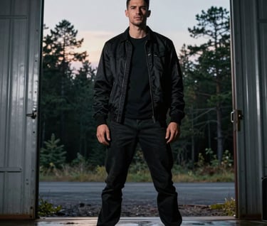A dramatic low-angle shot of the character standing at the entrance of a metal hangar. The background shows a twilight North American / US forest, with a color palette of charcoal black and soft silver highlights on the wet ground.