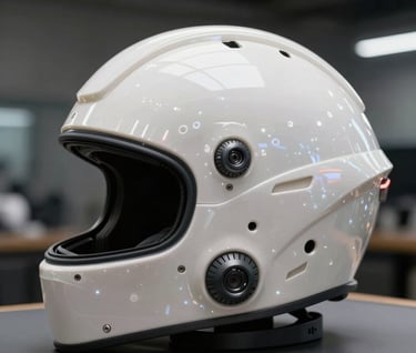Side profile of a futuristic helmet design, showcasing sleek pearl white surfaces and charcoal slate mechanical parts, professional studio lighting in a North American / US facility.